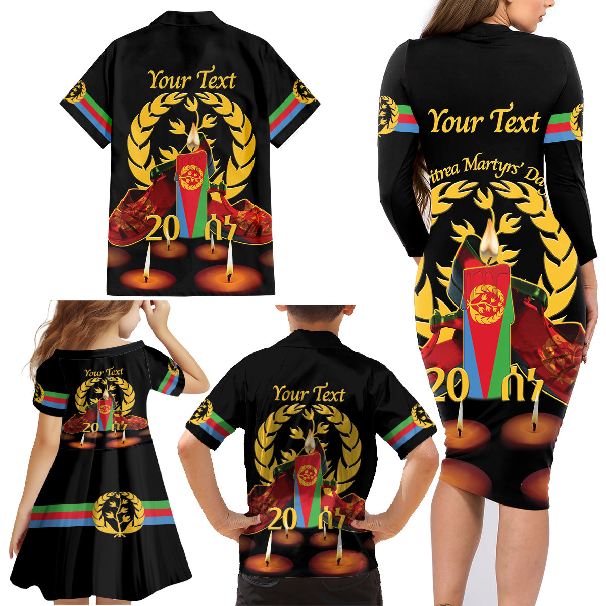 Custom Eritrea Martyrs' Day Family Matching Long Sleeve Bodycon Dress and Hawaiian Shirt 20 June Shida Shoes With Candles - Black - Wonder Print Shop
