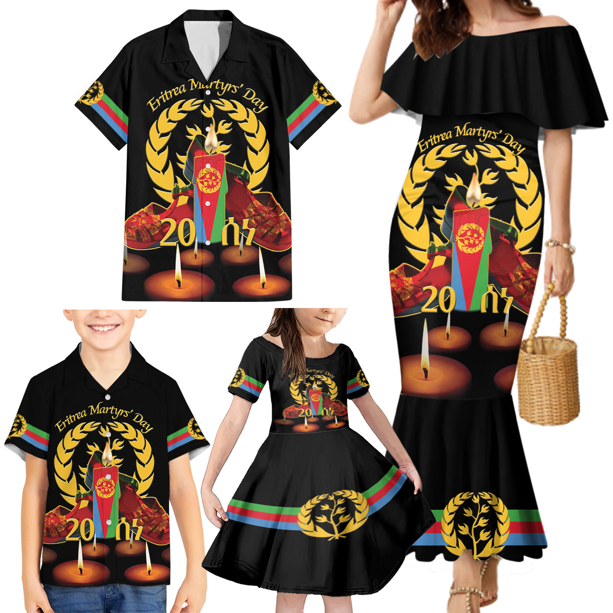 Custom Eritrea Martyrs' Day Family Matching Mermaid Dress and Hawaiian Shirt 20 June Shida Shoes With Candles - Black - Wonder Print Shop
