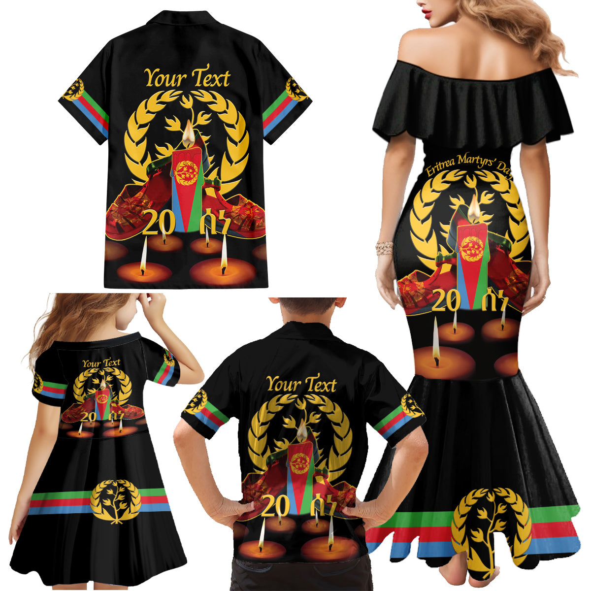 Custom Eritrea Martyrs' Day Family Matching Mermaid Dress and Hawaiian Shirt 20 June Shida Shoes With Candles - Black - Wonder Print Shop