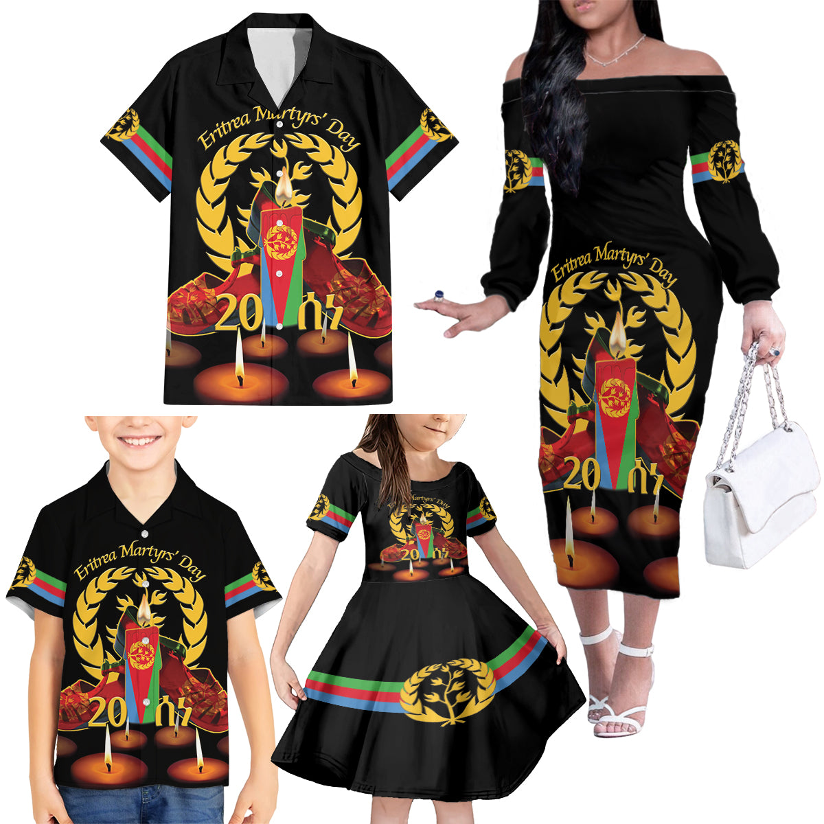 Custom Eritrea Martyrs' Day Family Matching Off The Shoulder Long Sleeve Dress and Hawaiian Shirt 20 June Shida Shoes With Candles - Black - Wonder Print Shop