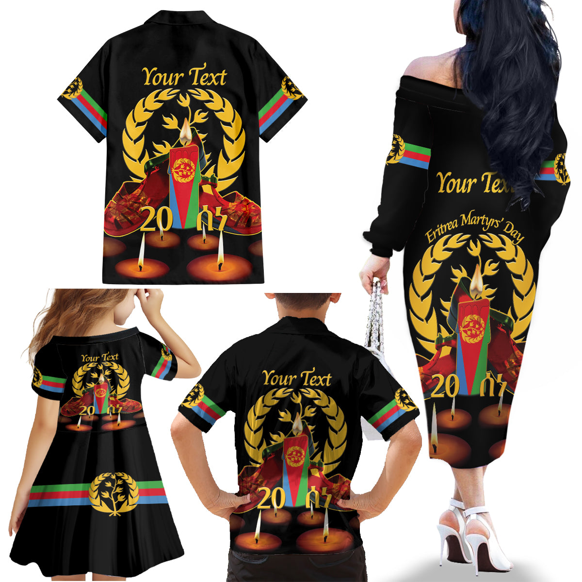 Custom Eritrea Martyrs' Day Family Matching Off The Shoulder Long Sleeve Dress and Hawaiian Shirt 20 June Shida Shoes With Candles - Black - Wonder Print Shop