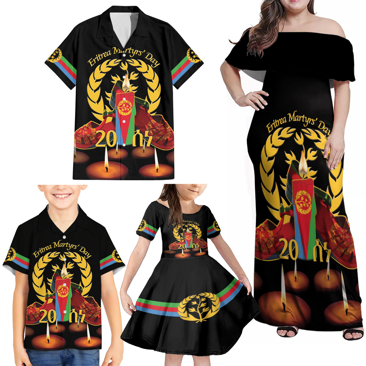 Custom Eritrea Martyrs' Day Family Matching Off Shoulder Maxi Dress and Hawaiian Shirt 20 June Shida Shoes With Candles - Black - Wonder Print Shop