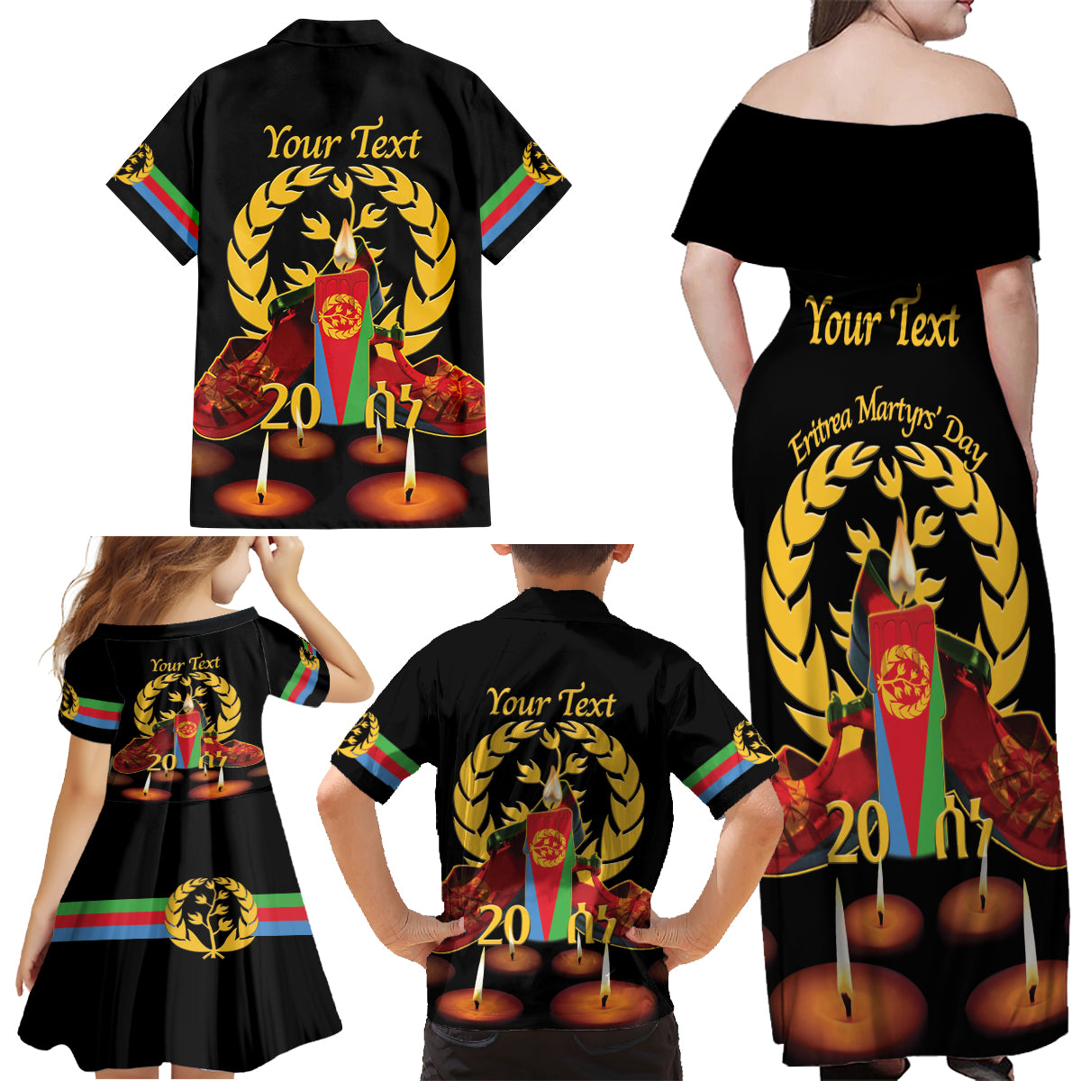 Custom Eritrea Martyrs' Day Family Matching Off Shoulder Maxi Dress and Hawaiian Shirt 20 June Shida Shoes With Candles - Black - Wonder Print Shop