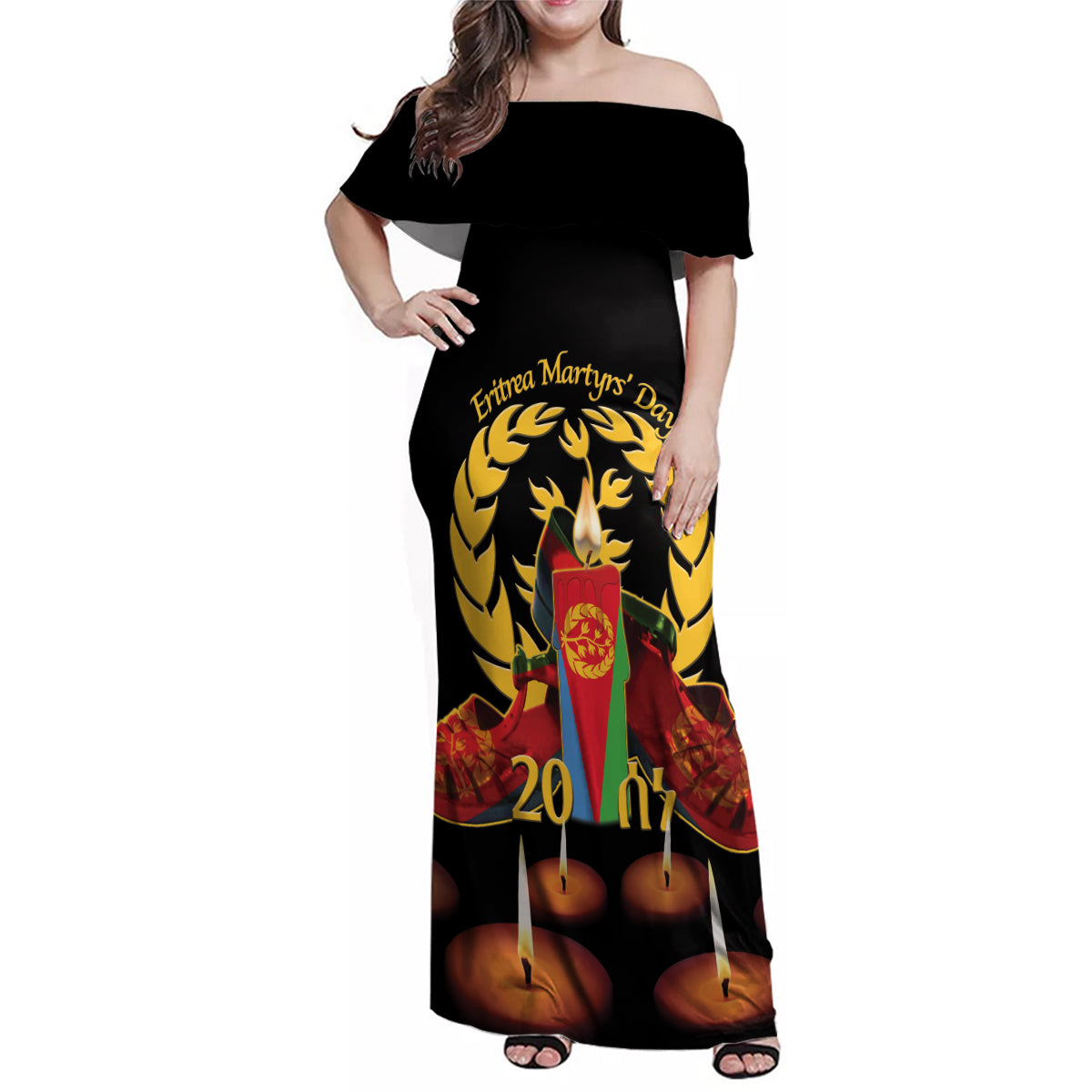 Custom Eritrea Martyrs' Day Family Matching Off Shoulder Maxi Dress and Hawaiian Shirt 20 June Shida Shoes With Candles - Black - Wonder Print Shop