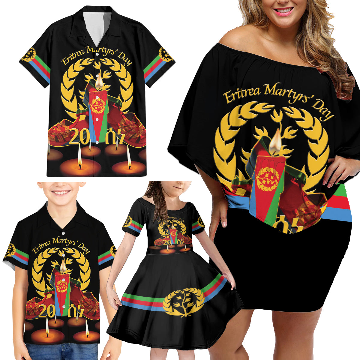 Custom Eritrea Martyrs' Day Family Matching Off Shoulder Short Dress and Hawaiian Shirt 20 June Shida Shoes With Candles - Black - Wonder Print Shop