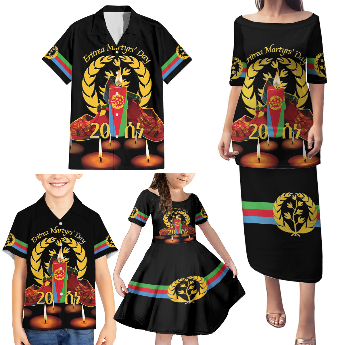 Custom Eritrea Martyrs' Day Family Matching Puletasi and Hawaiian Shirt 20 June Shida Shoes With Candles - Black - Wonder Print Shop