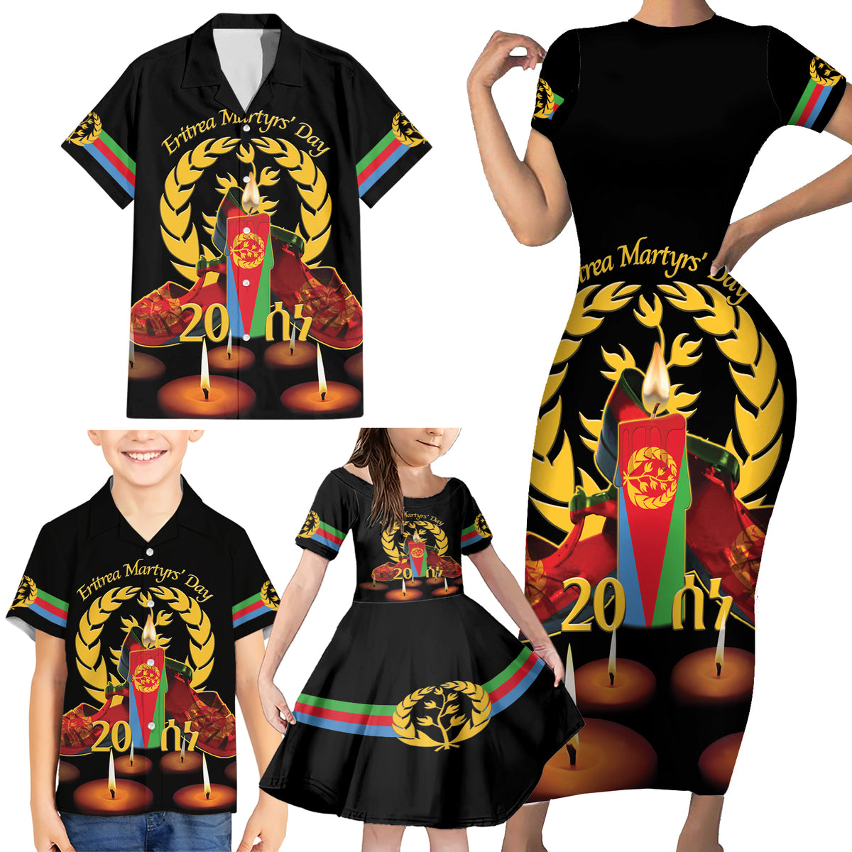 Custom Eritrea Martyrs' Day Family Matching Short Sleeve Bodycon Dress and Hawaiian Shirt 20 June Shida Shoes With Candles - Black - Wonder Print Shop
