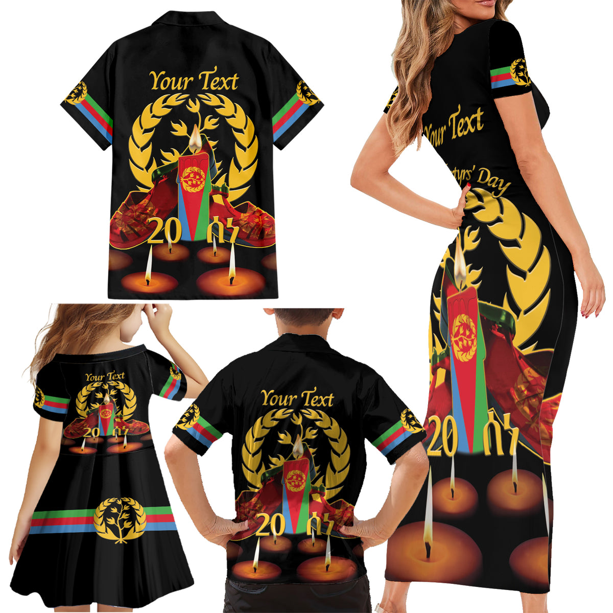Custom Eritrea Martyrs' Day Family Matching Short Sleeve Bodycon Dress and Hawaiian Shirt 20 June Shida Shoes With Candles - Black - Wonder Print Shop