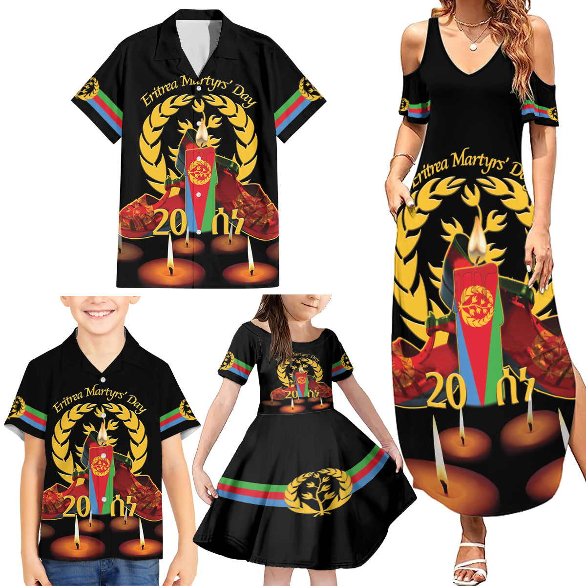 Custom Eritrea Martyrs' Day Family Matching Summer Maxi Dress and Hawaiian Shirt 20 June Shida Shoes With Candles - Black - Wonder Print Shop