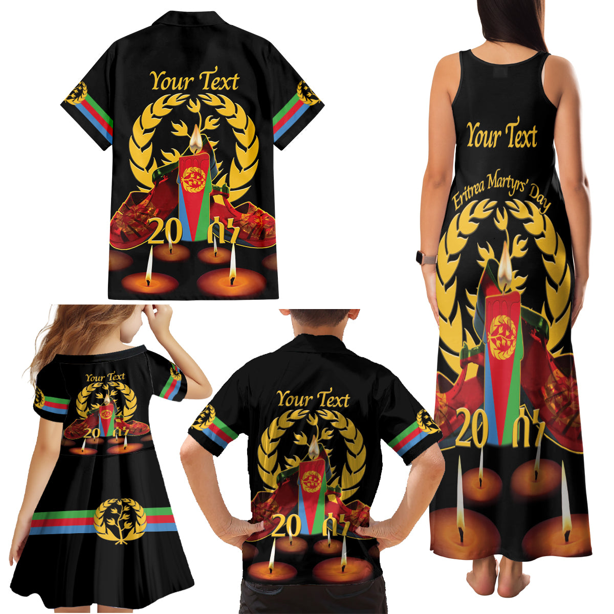 Custom Eritrea Martyrs' Day Family Matching Tank Maxi Dress and Hawaiian Shirt 20 June Shida Shoes With Candles - Black - Wonder Print Shop
