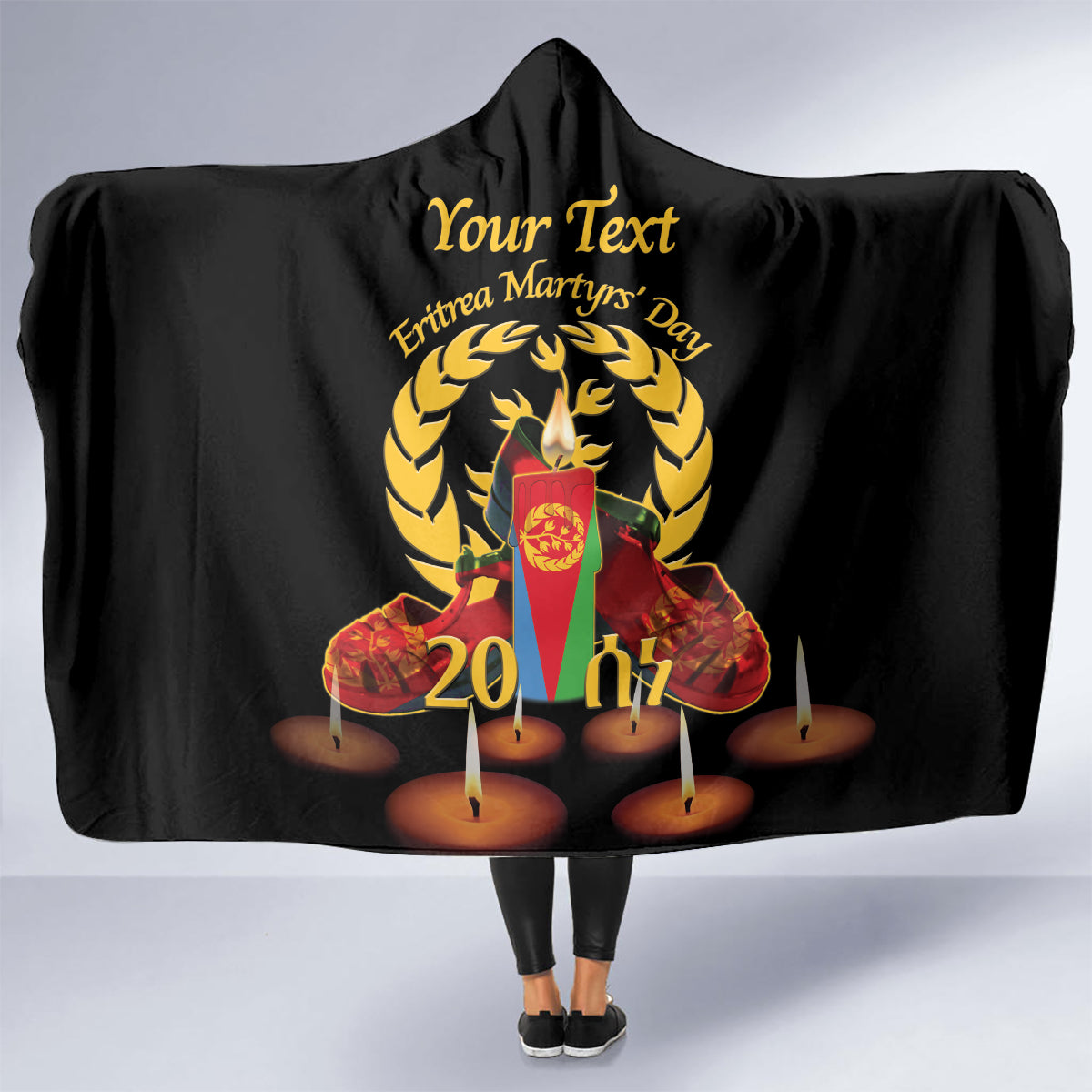 Custom Eritrea Martyrs' Day Hooded Blanket 20 June Shida Shoes With Candles - Black