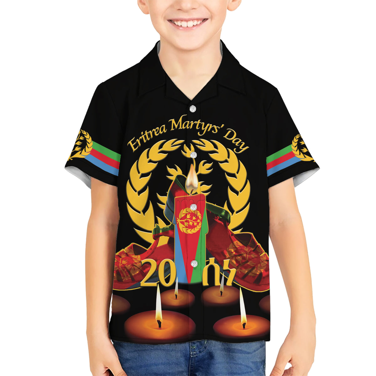 Custom Eritrea Martyrs' Day Kid Hawaiian Shirt 20 June Shida Shoes With Candles - Black - Wonder Print Shop