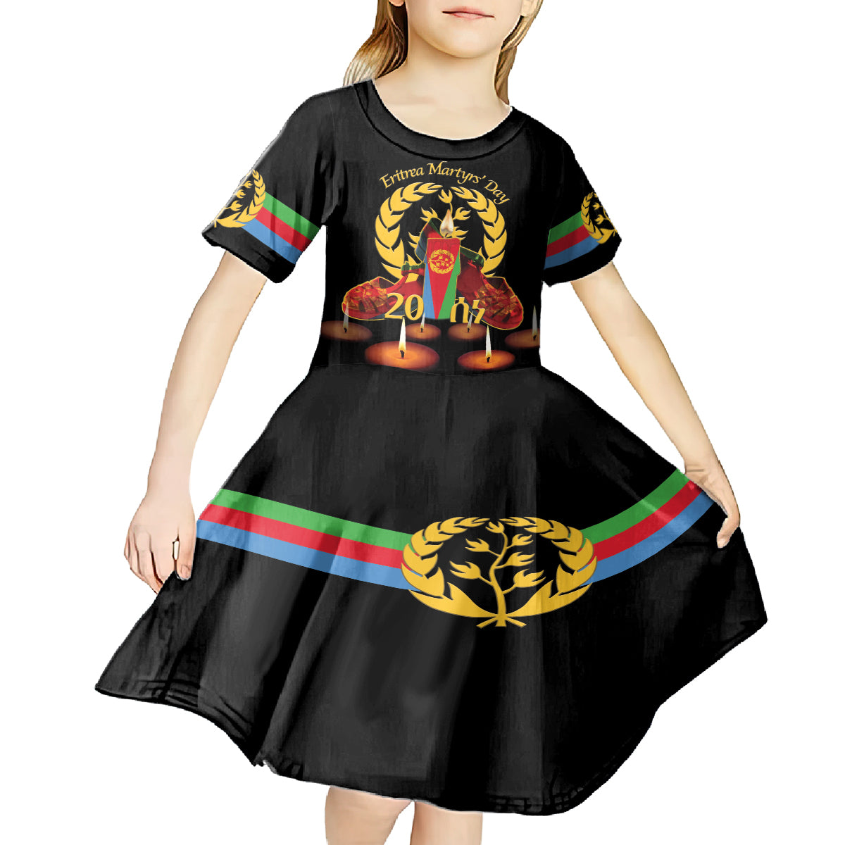 Custom Eritrea Martyrs' Day Kid Short Sleeve Dress 20 June Shida Shoes With Candles - Black - Wonder Print Shop