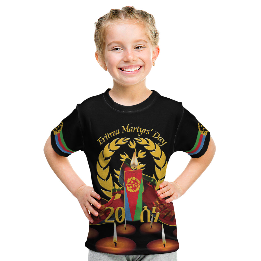 Custom Eritrea Martyrs' Day Kid T Shirt 20 June Shida Shoes With Candles - Black - Wonder Print Shop