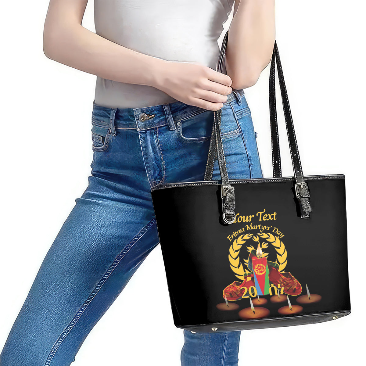 Custom Eritrea Martyrs' Day Leather Tote Bag 20 June Shida Shoes With Candles - Black - Wonder Print Shop