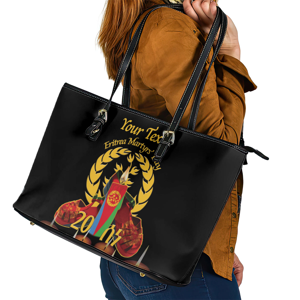 Custom Eritrea Martyrs' Day Leather Tote Bag 20 June Shida Shoes With Candles - Black - Wonder Print Shop