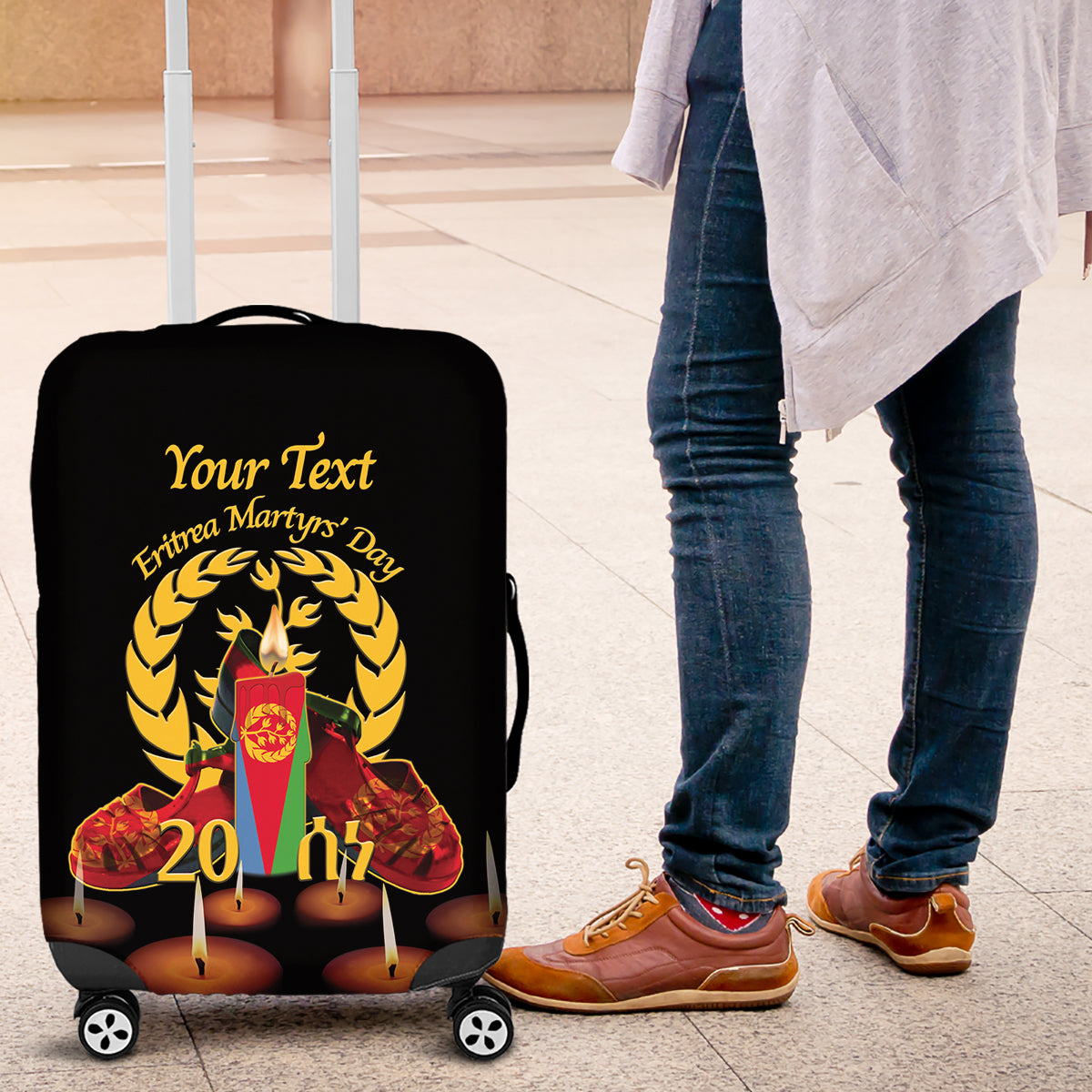 Custom Eritrea Martyrs' Day Luggage Cover 20 June Shida Shoes With Candles - Black - Wonder Print Shop