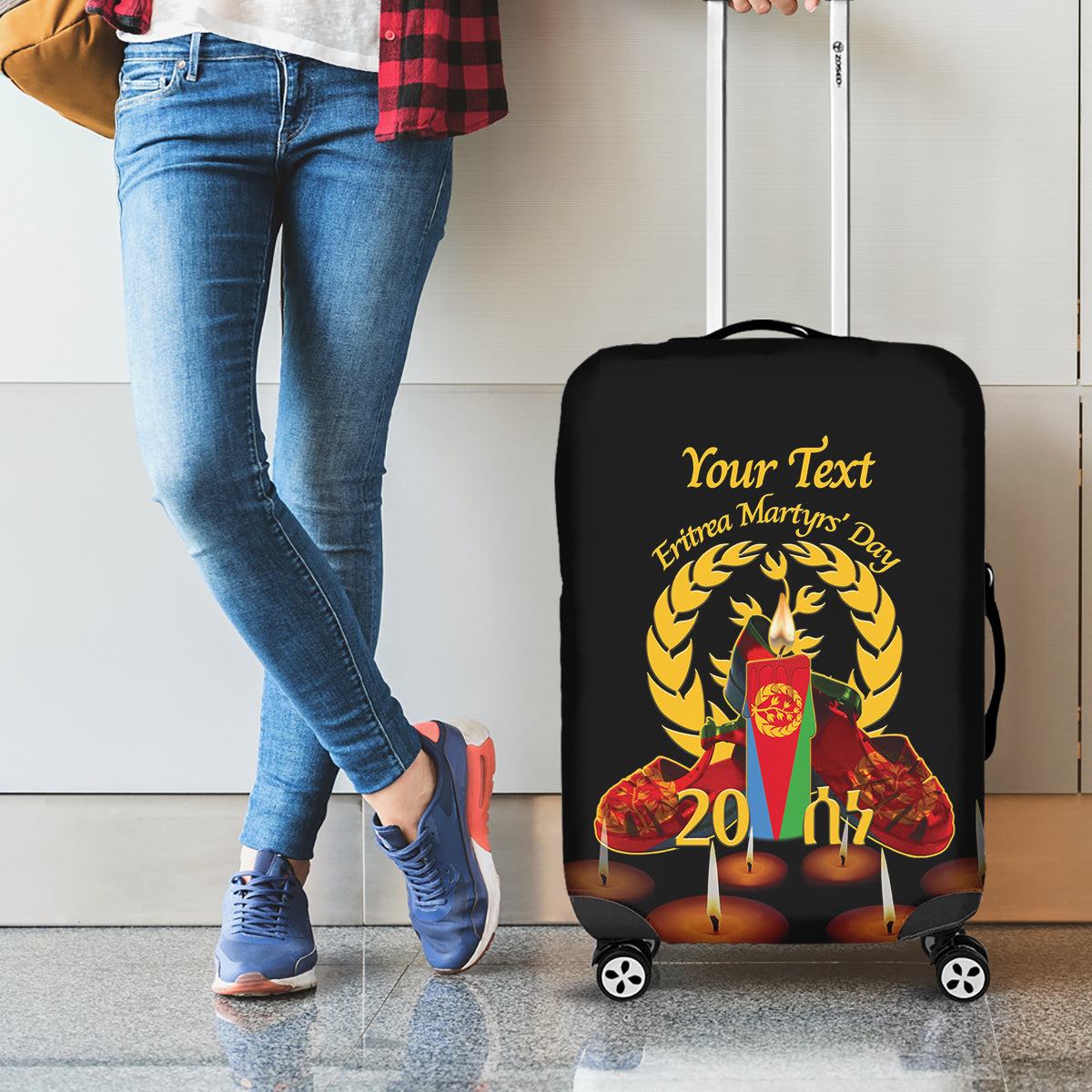 Custom Eritrea Martyrs' Day Luggage Cover 20 June Shida Shoes With Candles - Black - Wonder Print Shop