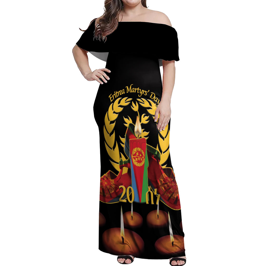 Custom Eritrea Martyrs' Day Off Shoulder Maxi Dress 20 June Shida Shoes With Candles - Black - Wonder Print Shop
