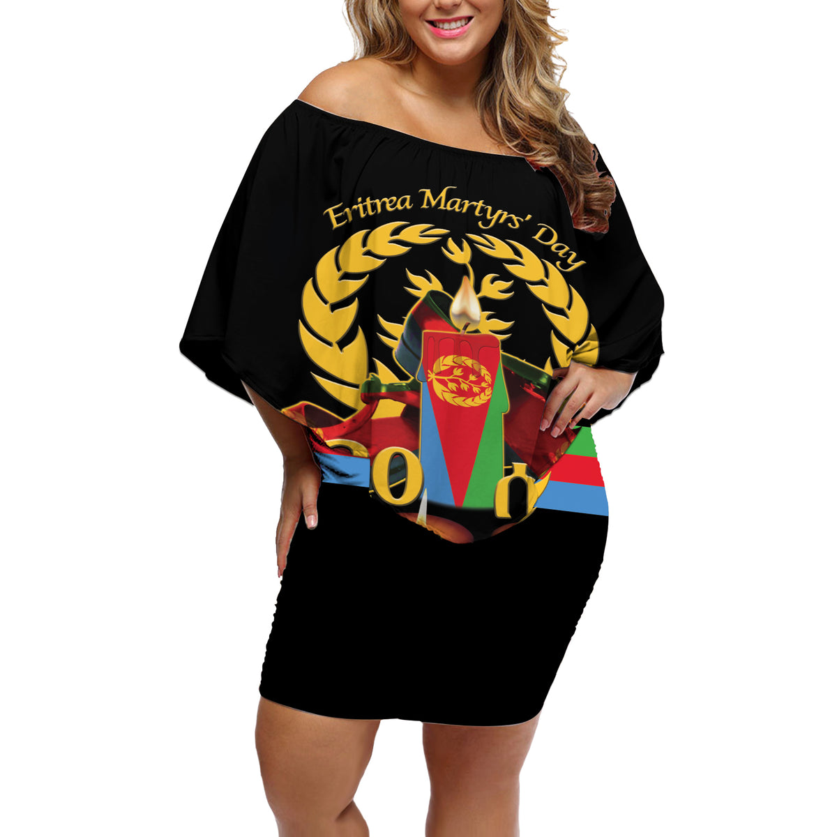Custom Eritrea Martyrs' Day Off Shoulder Short Dress 20 June Shida Shoes With Candles - Black - Wonder Print Shop