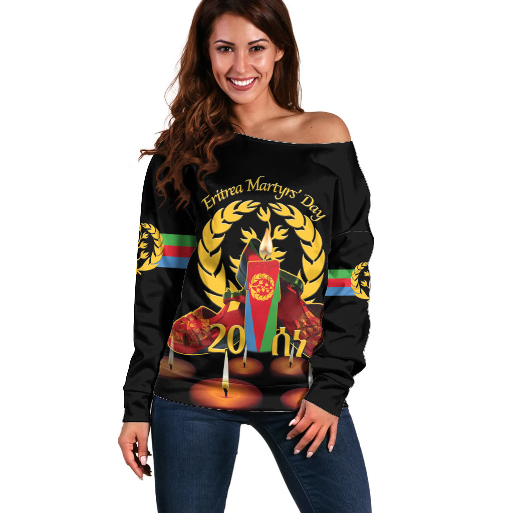 Custom Eritrea Martyrs' Day Off Shoulder Sweater 20 June Shida Shoes With Candles - Black