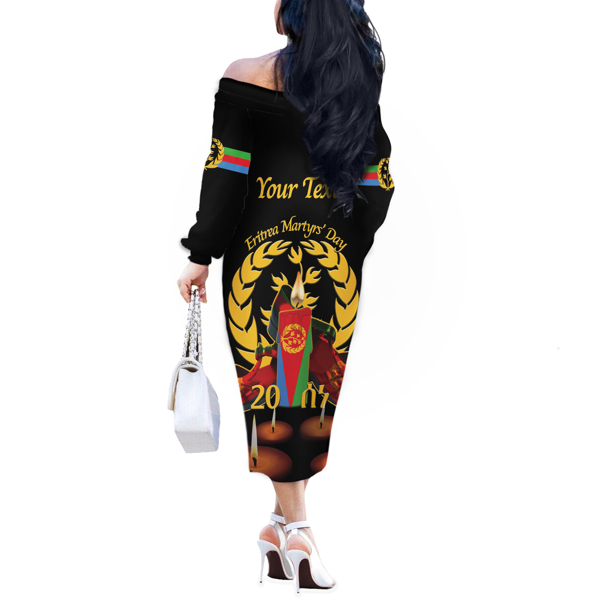 Custom Eritrea Martyrs' Day Off The Shoulder Long Sleeve Dress 20 June Shida Shoes With Candles - Black - Wonder Print Shop