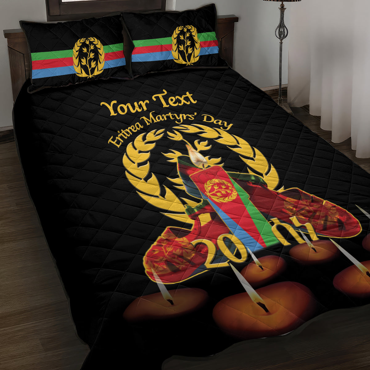 Custom Eritrea Martyrs' Day Quilt Bed Set 20 June Shida Shoes With Candles - Black - Wonder Print Shop