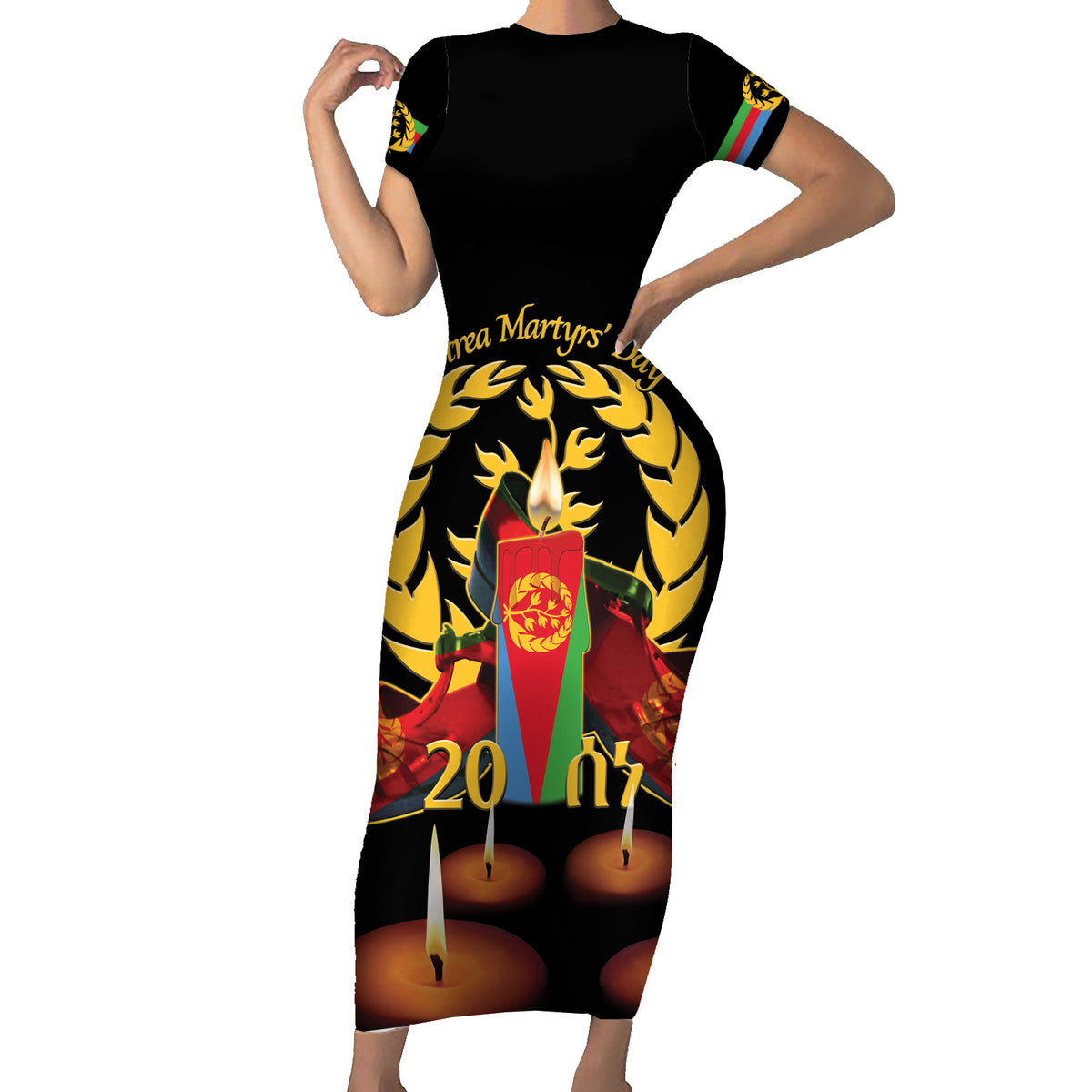 Custom Eritrea Martyrs' Day Short Sleeve Bodycon Dress 20 June Shida Shoes With Candles - Black - Wonder Print Shop