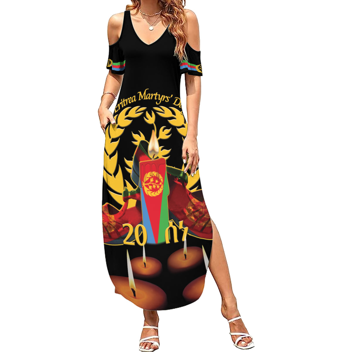Custom Eritrea Martyrs' Day Summer Maxi Dress 20 June Shida Shoes With Candles - Black - Wonder Print Shop