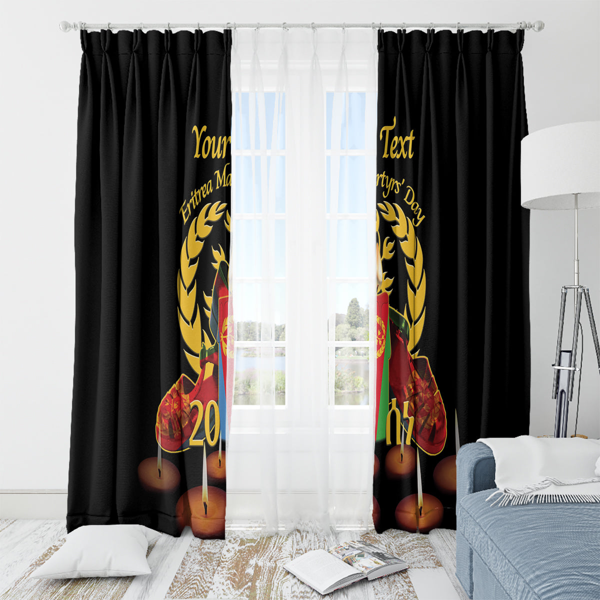 Custom Eritrea Martyrs' Day Window Curtain 20 June Shida Shoes With Candles - Black - Wonder Print Shop