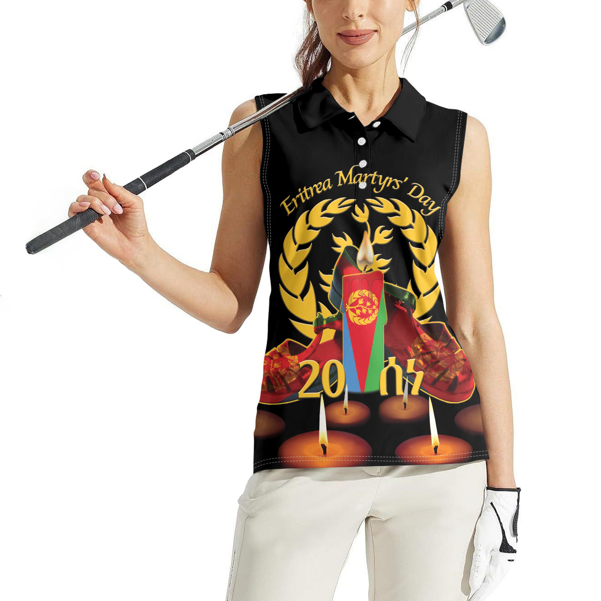 Custom Eritrea Martyrs' Day Women Sleeveless Polo Shirt 20 June Shida Shoes With Candles - Black - Wonder Print Shop