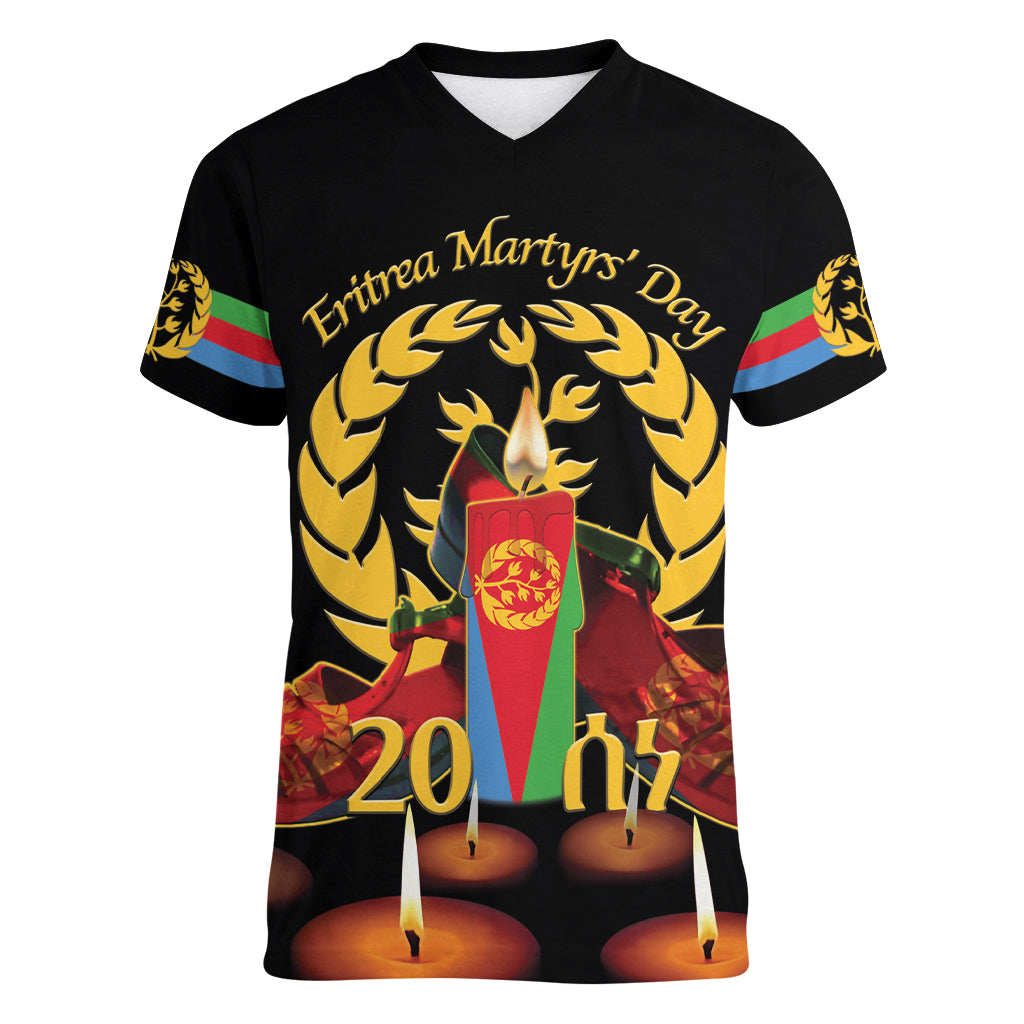 Custom Eritrea Martyrs' Day Women V-Neck T-Shirt 20 June Shida Shoes With Candles - Black - Wonder Print Shop