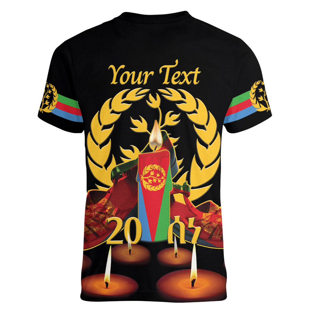 Custom Eritrea Martyrs' Day Women V-Neck T-Shirt 20 June Shida Shoes With Candles - Black - Wonder Print Shop