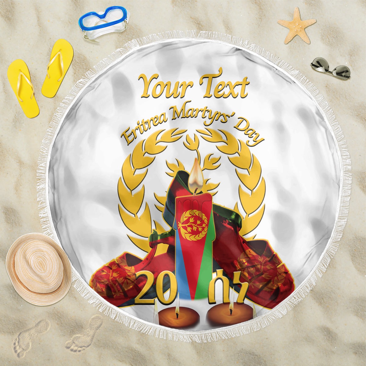 Custom Eritrea Martyrs' Day Beach Blanket 20 June Shida Shoes With Candles - White - Wonder Print Shop