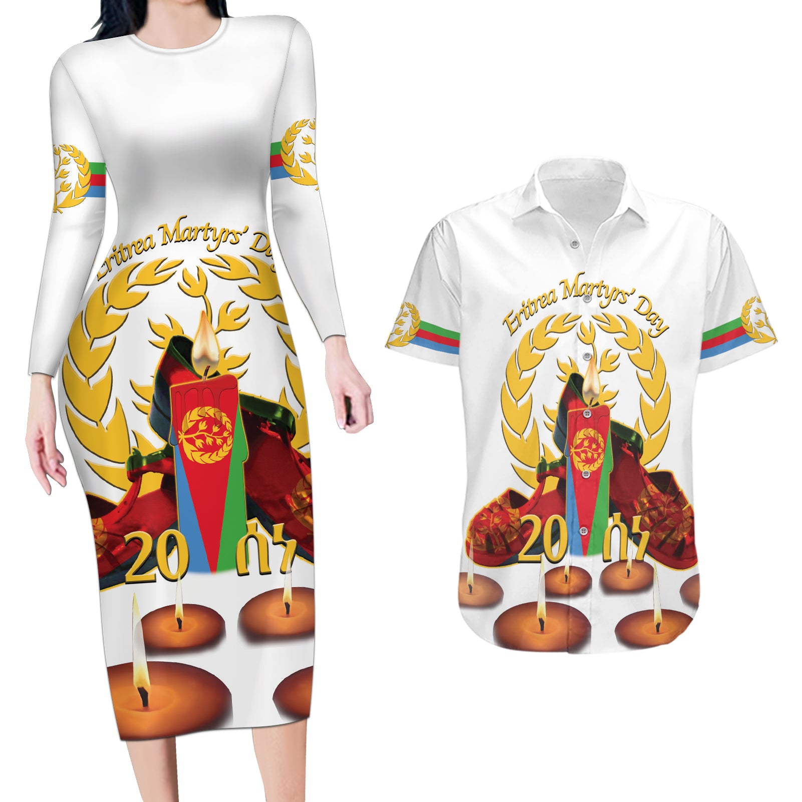 Custom Eritrea Martyrs' Day Couples Matching Long Sleeve Bodycon Dress and Hawaiian Shirt 20 June Shida Shoes With Candles - White