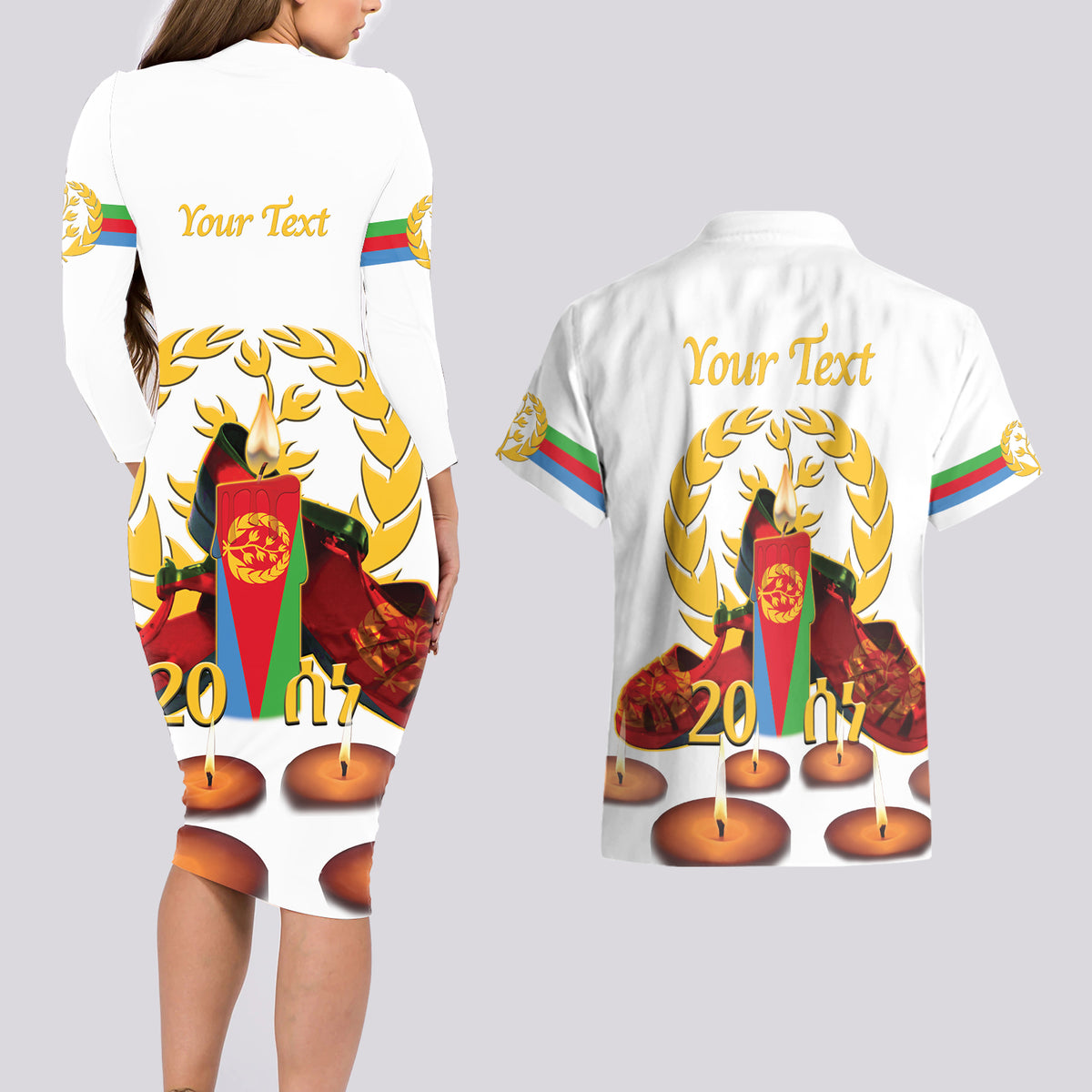 Custom Eritrea Martyrs' Day Couples Matching Long Sleeve Bodycon Dress and Hawaiian Shirt 20 June Shida Shoes With Candles - White - Wonder Print Shop