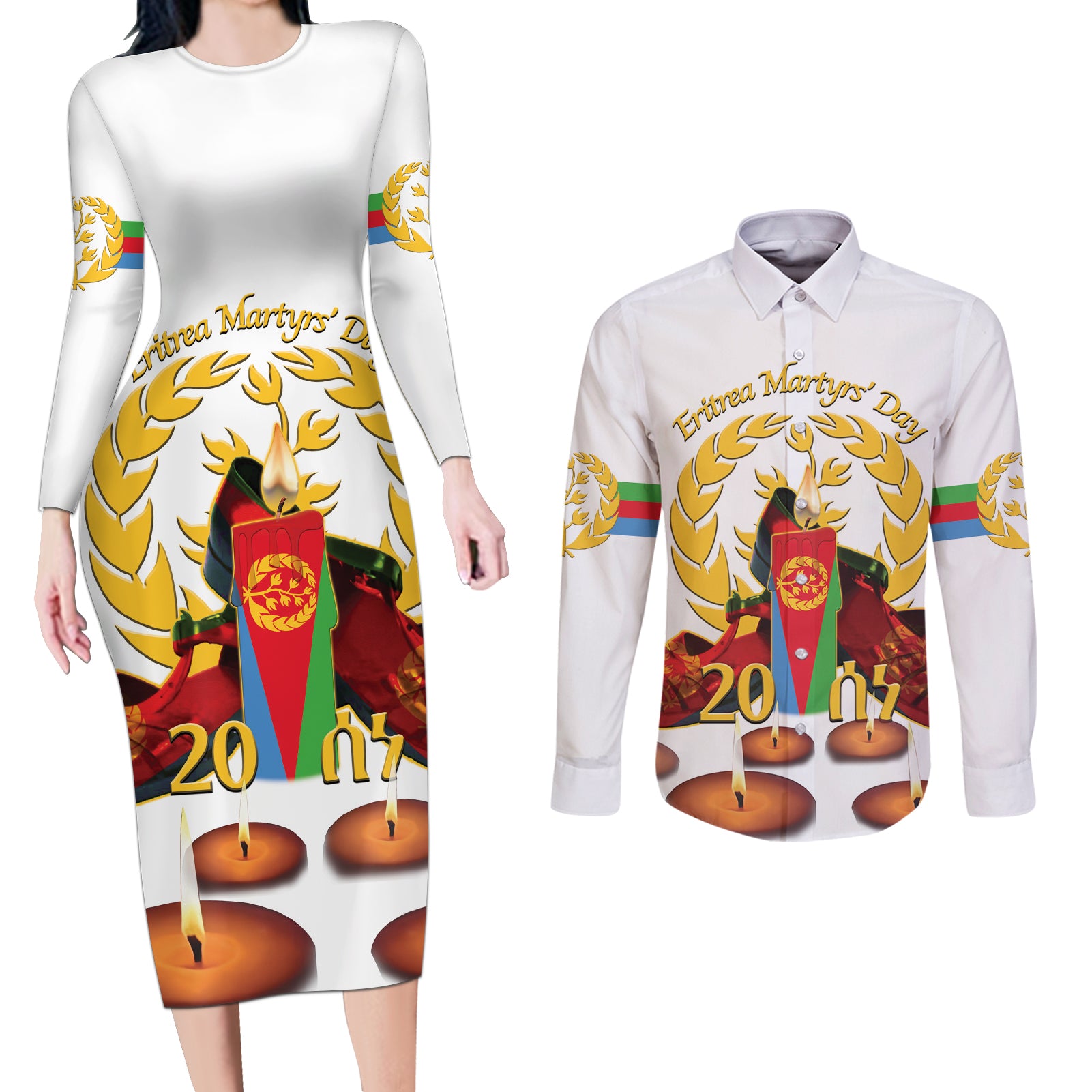 Custom Eritrea Martyrs' Day Couples Matching Long Sleeve Bodycon Dress and Long Sleeve Button Shirt 20 June Shida Shoes With Candles - White