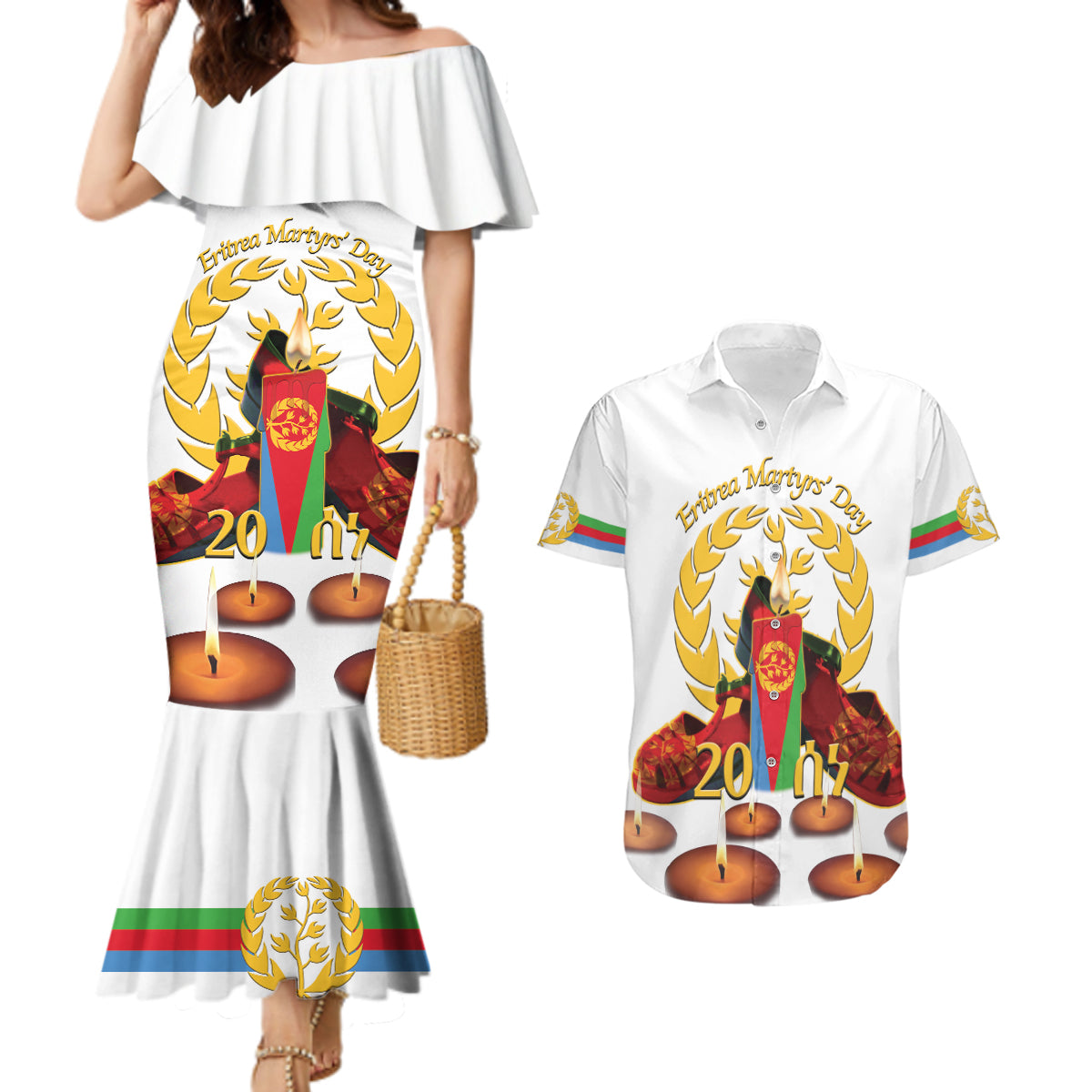 Custom Eritrea Martyrs' Day Couples Matching Mermaid Dress and Hawaiian Shirt 20 June Shida Shoes With Candles - White