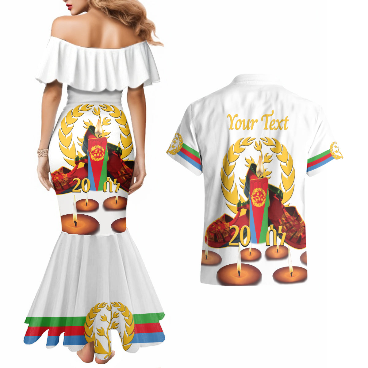 Custom Eritrea Martyrs' Day Couples Matching Mermaid Dress and Hawaiian Shirt 20 June Shida Shoes With Candles - White - Wonder Print Shop