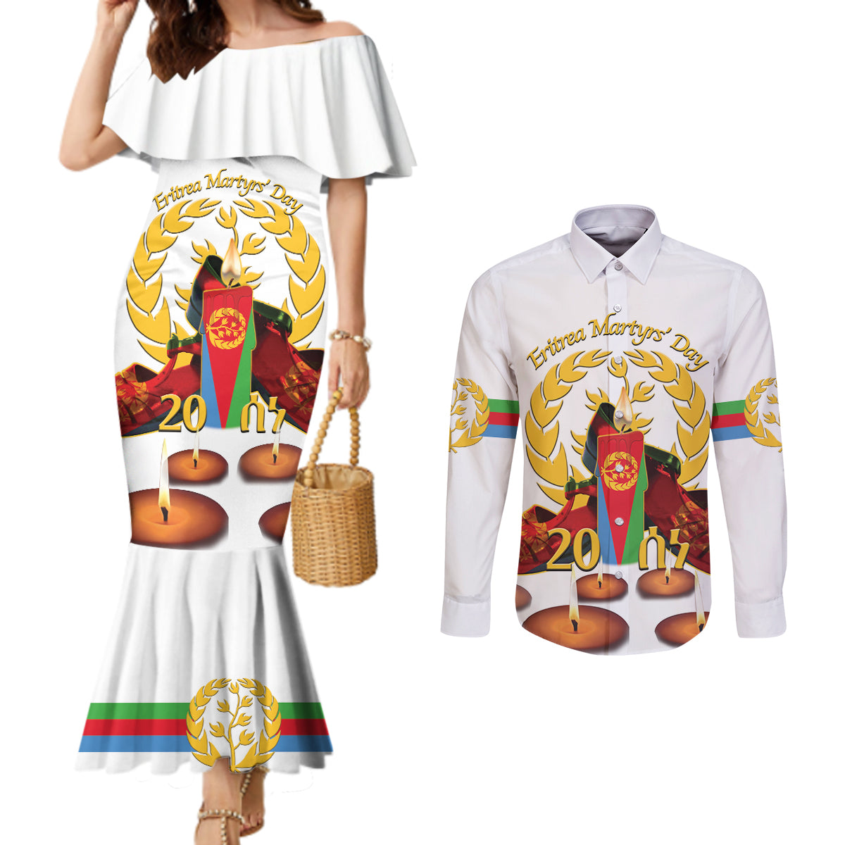 Custom Eritrea Martyrs' Day Couples Matching Mermaid Dress and Long Sleeve Button Shirt 20 June Shida Shoes With Candles - White