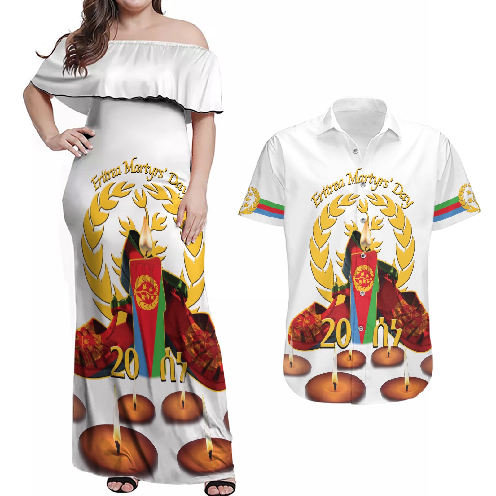 Custom Eritrea Martyrs' Day Couples Matching Off Shoulder Maxi Dress and Hawaiian Shirt 20 June Shida Shoes With Candles - White