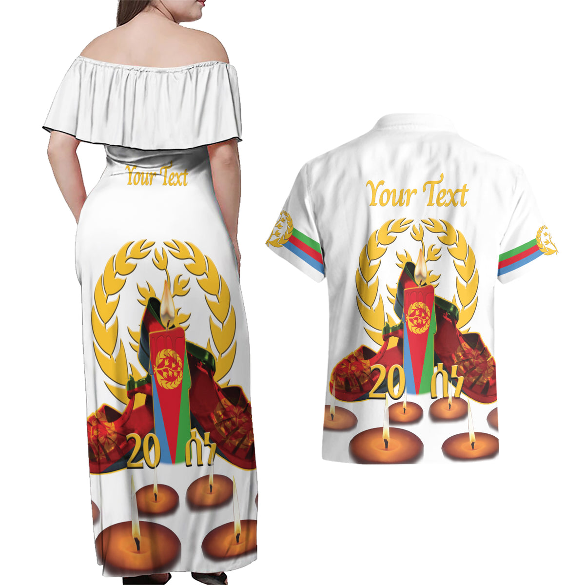 Custom Eritrea Martyrs' Day Couples Matching Off Shoulder Maxi Dress and Hawaiian Shirt 20 June Shida Shoes With Candles - White - Wonder Print Shop