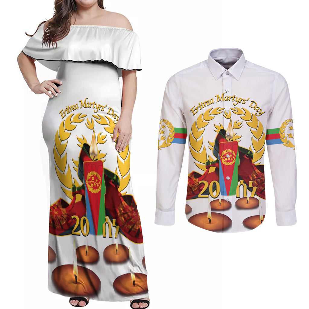 Custom Eritrea Martyrs' Day Couples Matching Off Shoulder Maxi Dress and Long Sleeve Button Shirt 20 June Shida Shoes With Candles - White