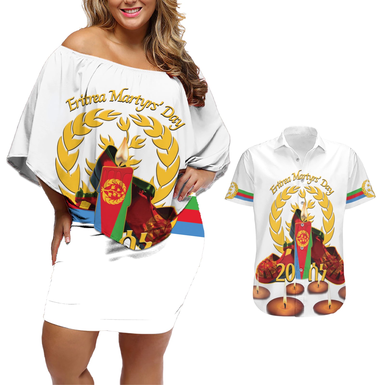 Custom Eritrea Martyrs' Day Couples Matching Off Shoulder Short Dress and Hawaiian Shirt 20 June Shida Shoes With Candles - White