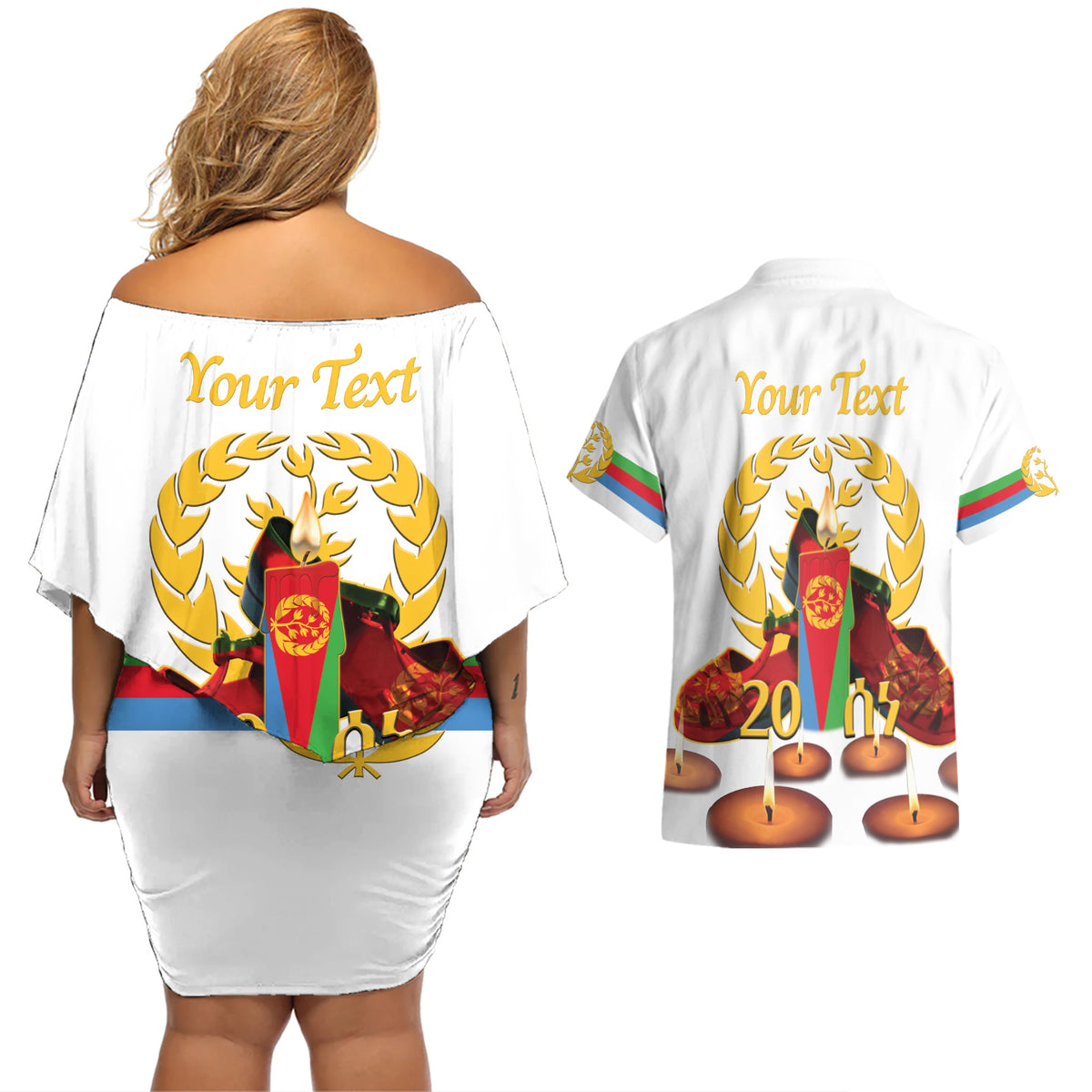 Custom Eritrea Martyrs' Day Couples Matching Off Shoulder Short Dress and Hawaiian Shirt 20 June Shida Shoes With Candles - White - Wonder Print Shop
