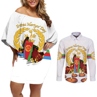 Custom Eritrea Martyrs' Day Couples Matching Off Shoulder Short Dress and Long Sleeve Button Shirt 20 June Shida Shoes With Candles - White - Wonder Print Shop
