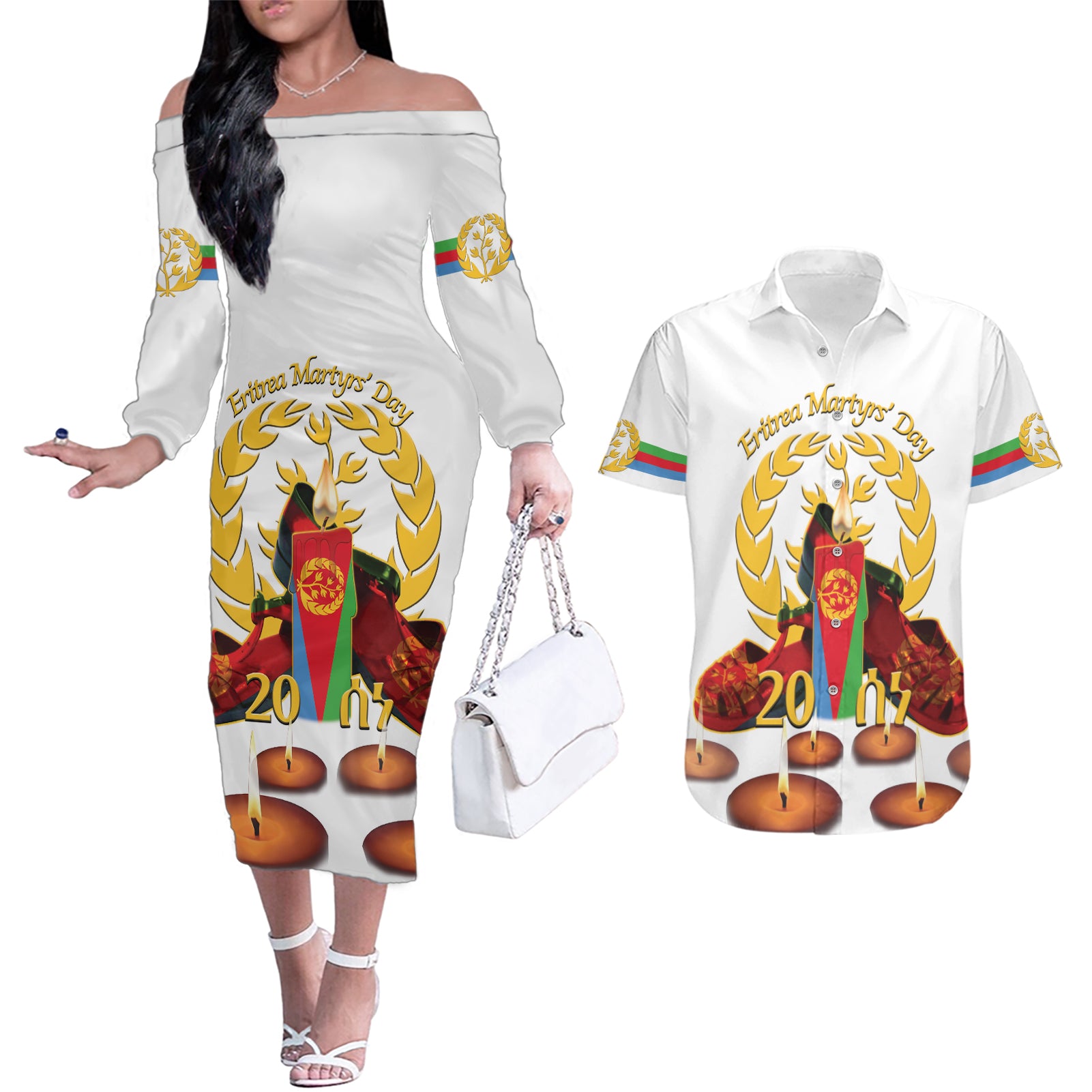 Custom Eritrea Martyrs' Day Couples Matching Off The Shoulder Long Sleeve Dress and Hawaiian Shirt 20 June Shida Shoes With Candles - White