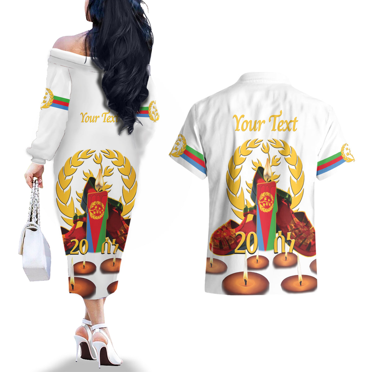 Custom Eritrea Martyrs' Day Couples Matching Off The Shoulder Long Sleeve Dress and Hawaiian Shirt 20 June Shida Shoes With Candles - White - Wonder Print Shop