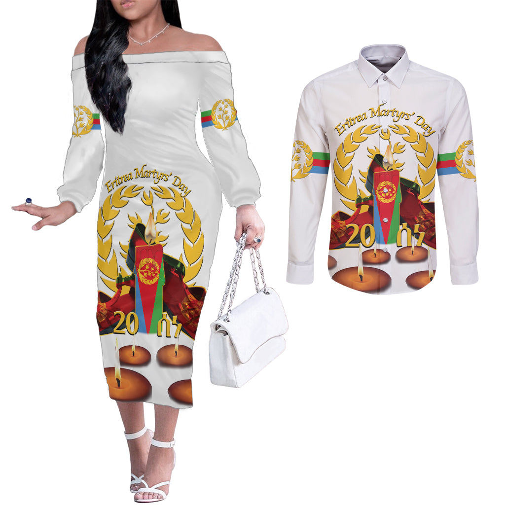 Custom Eritrea Martyrs' Day Couples Matching Off The Shoulder Long Sleeve Dress and Long Sleeve Button Shirt 20 June Shida Shoes With Candles - White