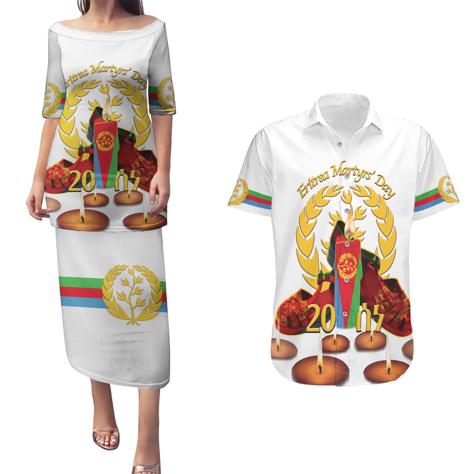 Custom Eritrea Martyrs' Day Couples Matching Puletasi and Hawaiian Shirt 20 June Shida Shoes With Candles - White